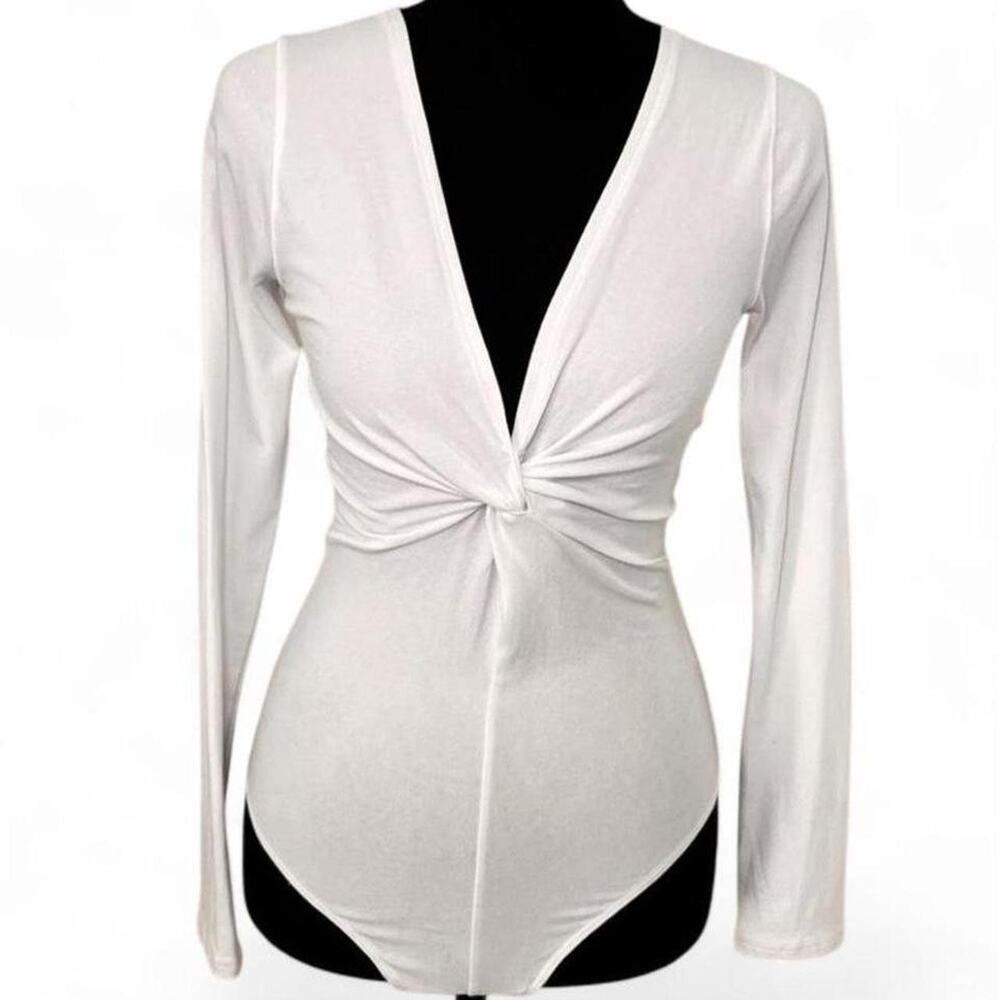 White Long Sleeve Bodysuit Deep V Neck Twist Front Fitted Minimal Chic Women’s M